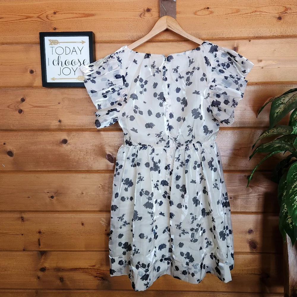Aureum NWT Floral Organza Puff Pleated Ruffle Sleeves Stretch Chiffon Dress Sz M
